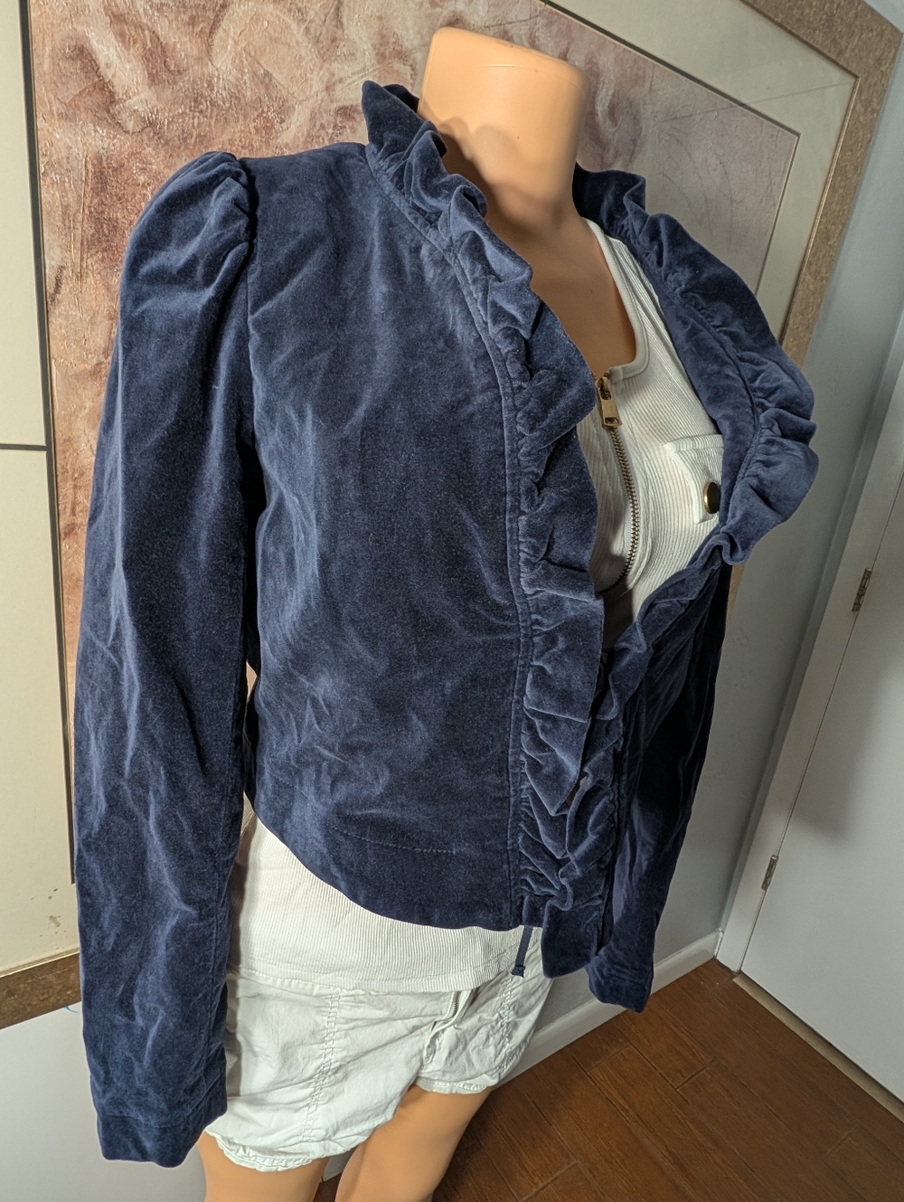 Leifsdottir Anthropologie Maude Velvet Navy Ruffled Jacket Size 6